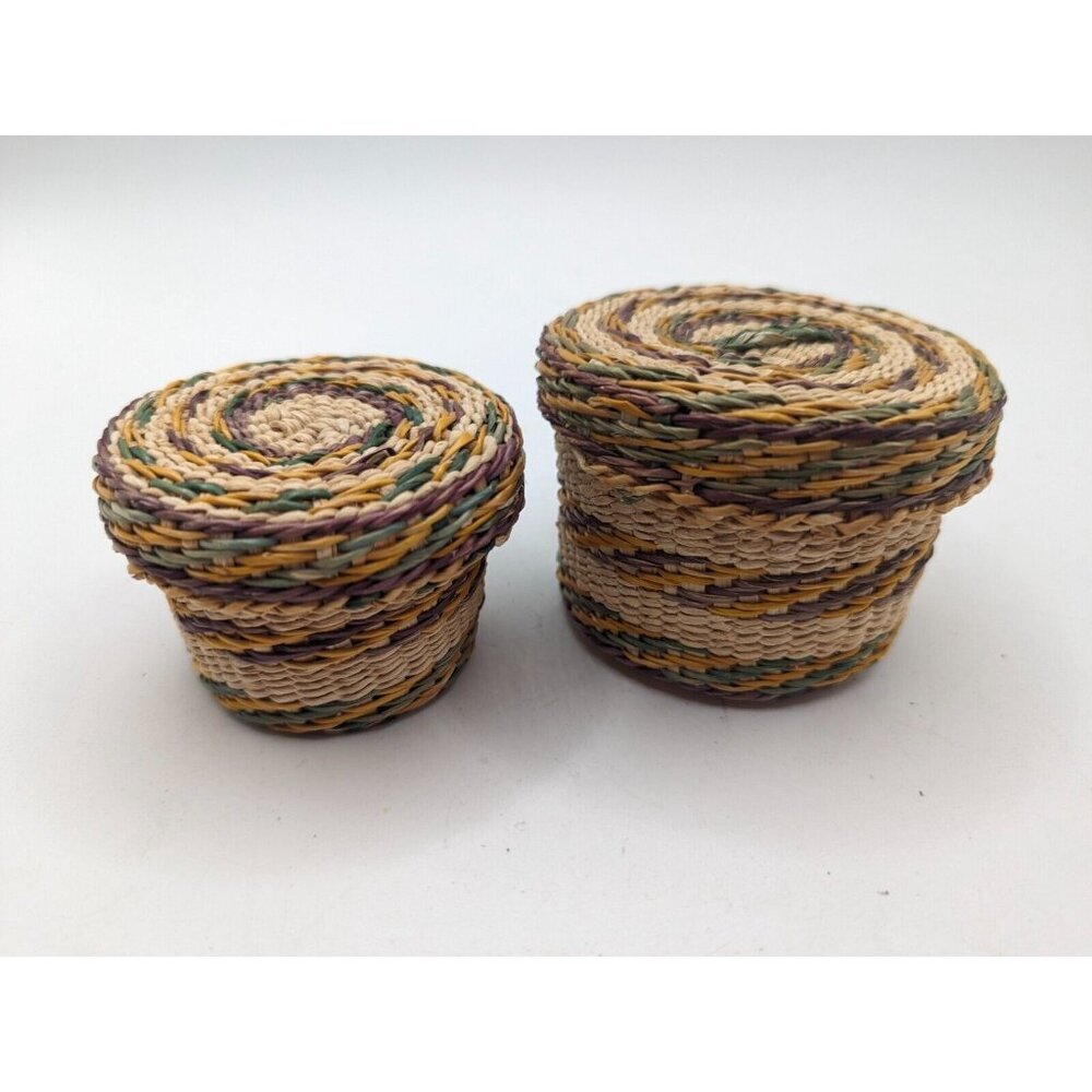 Hand Woven Basket w Lid - Wicker Ethnic Grass Straw Boho Tiny - Green Yellow - Picture 3 of 12